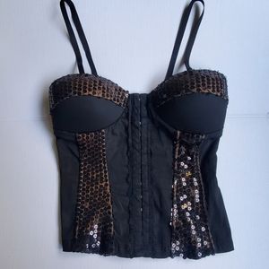 Vintage Y2K black sequin corset top western bustier whimsygoth party festival S